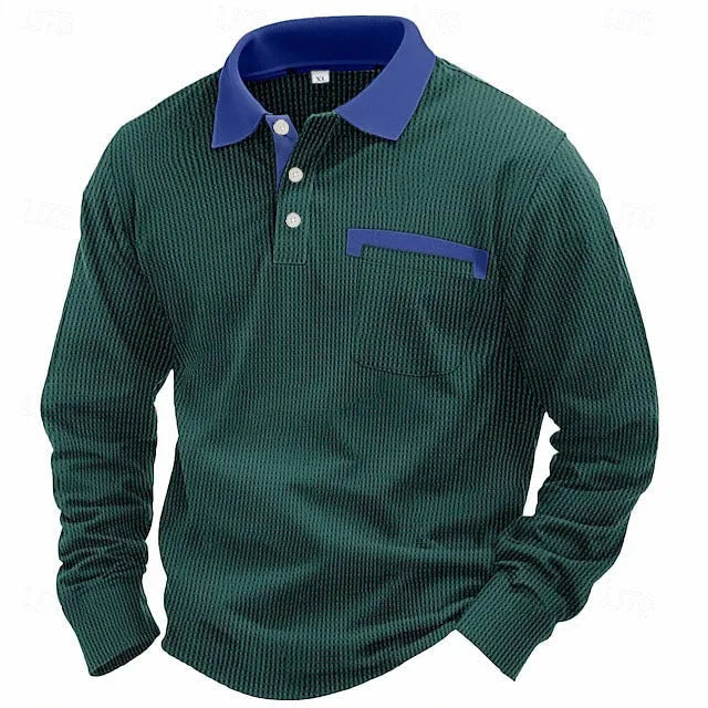 Man wearing a long-sleeve waffle-texture polo shirt in a loose retro fit, showing asymmetric design detail.