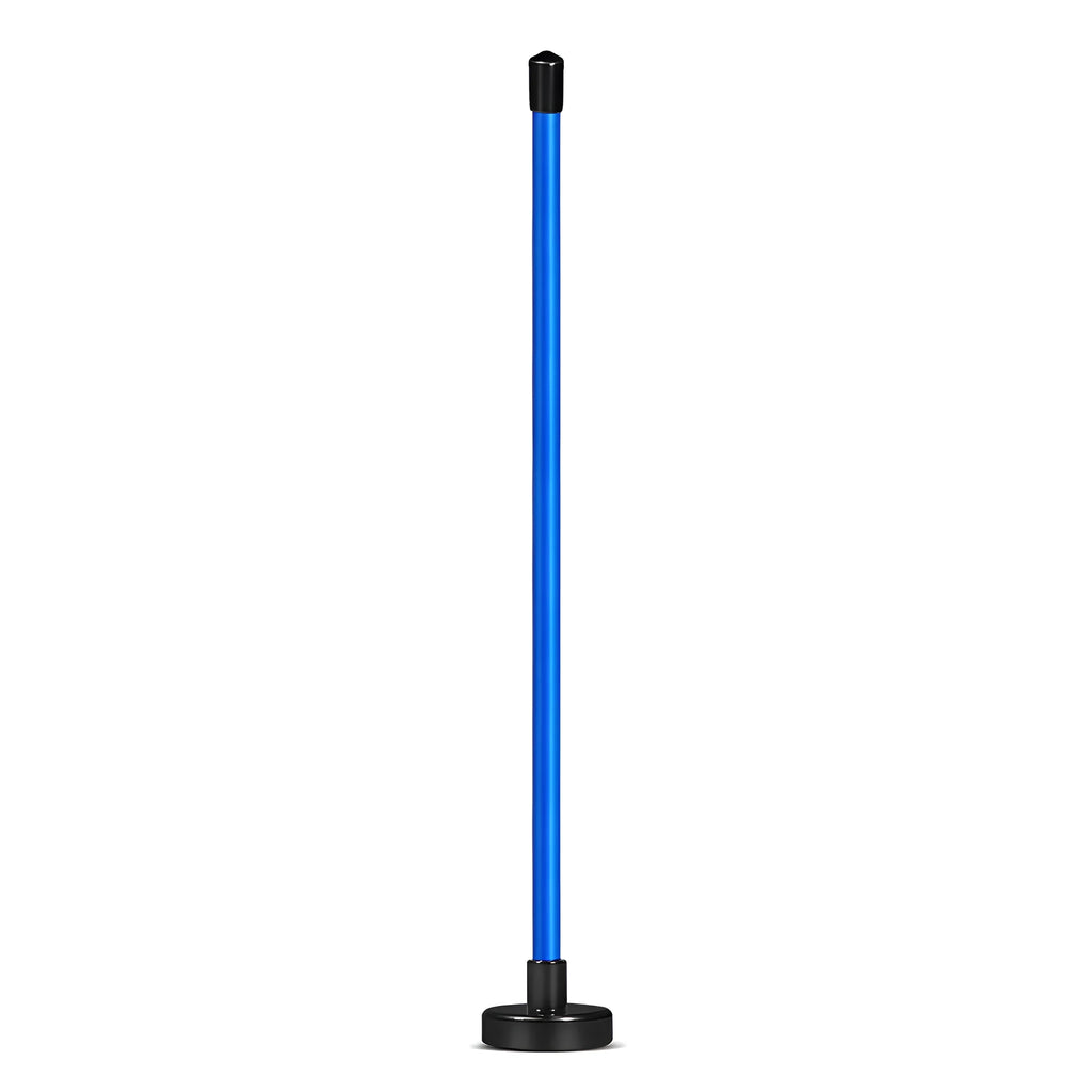 Red and blue aluminium alloy golf swing trainer with magnetic alignment bar.