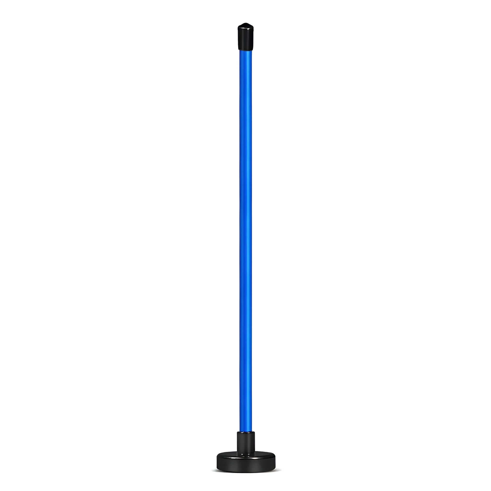 Red and blue aluminium alloy golf swing trainer with magnetic alignment bar.