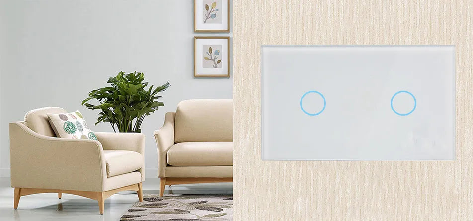 2-gang RF remote control light switch with tempered glass touch panel in black, white or gold finish