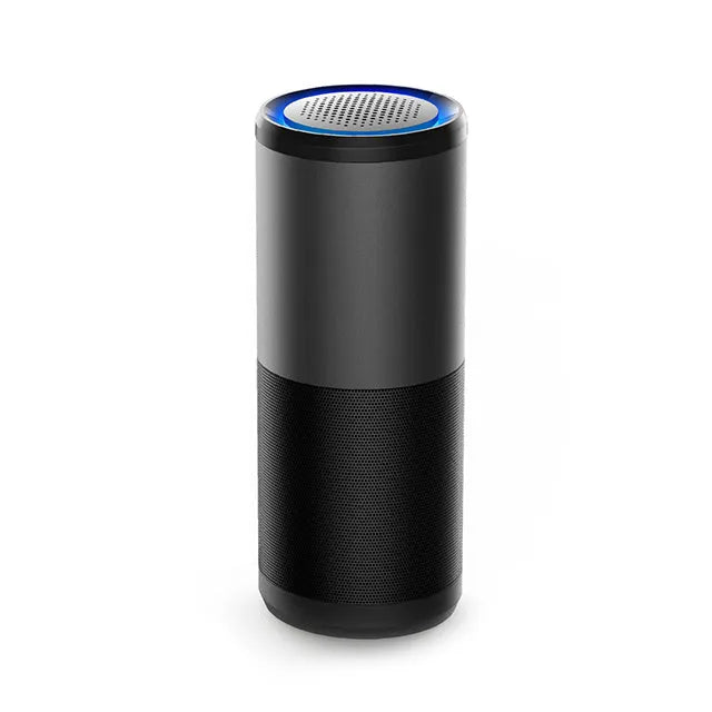 Black portable mini car air purifier with USB charging port on a metal body.