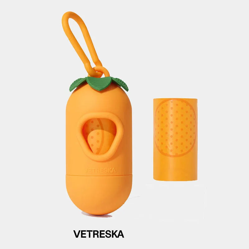 Dog poo bag dispenser capsule with scented refill roll in strawberry pattern design