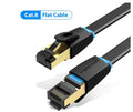 A flat and a round Cat8 Ethernet cable with gold RJ45 connectors, shown in various lengths for home networking.