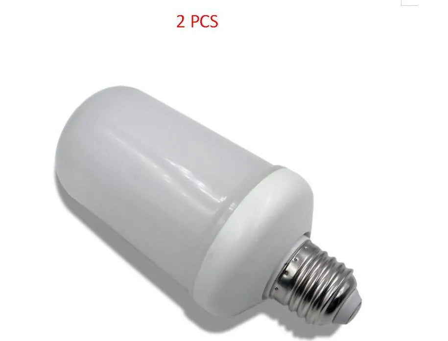 Decorative indoor lamp with glowing orange LED flame effect bulb on a dark surface.