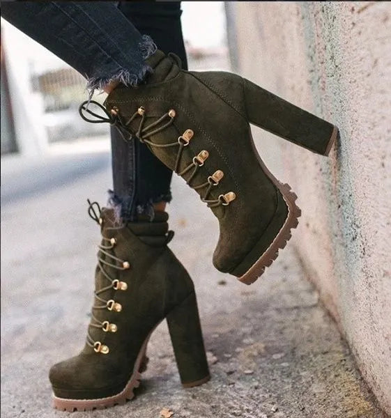 Women's suede ankle boots with thick heels, waterproof platform, and round toe design in multiple colours