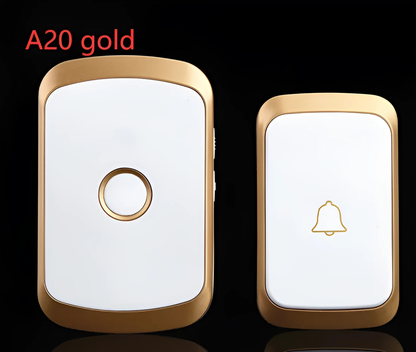 Wireless doorbell receiver and push button transmitter with colour options of black, white, silver, and gold.