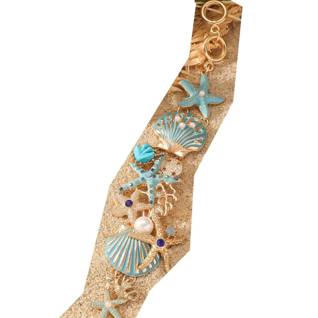 Women's marine boat anchor and starfish alloy bracelet in turquoise, coral red or coral blue colour
