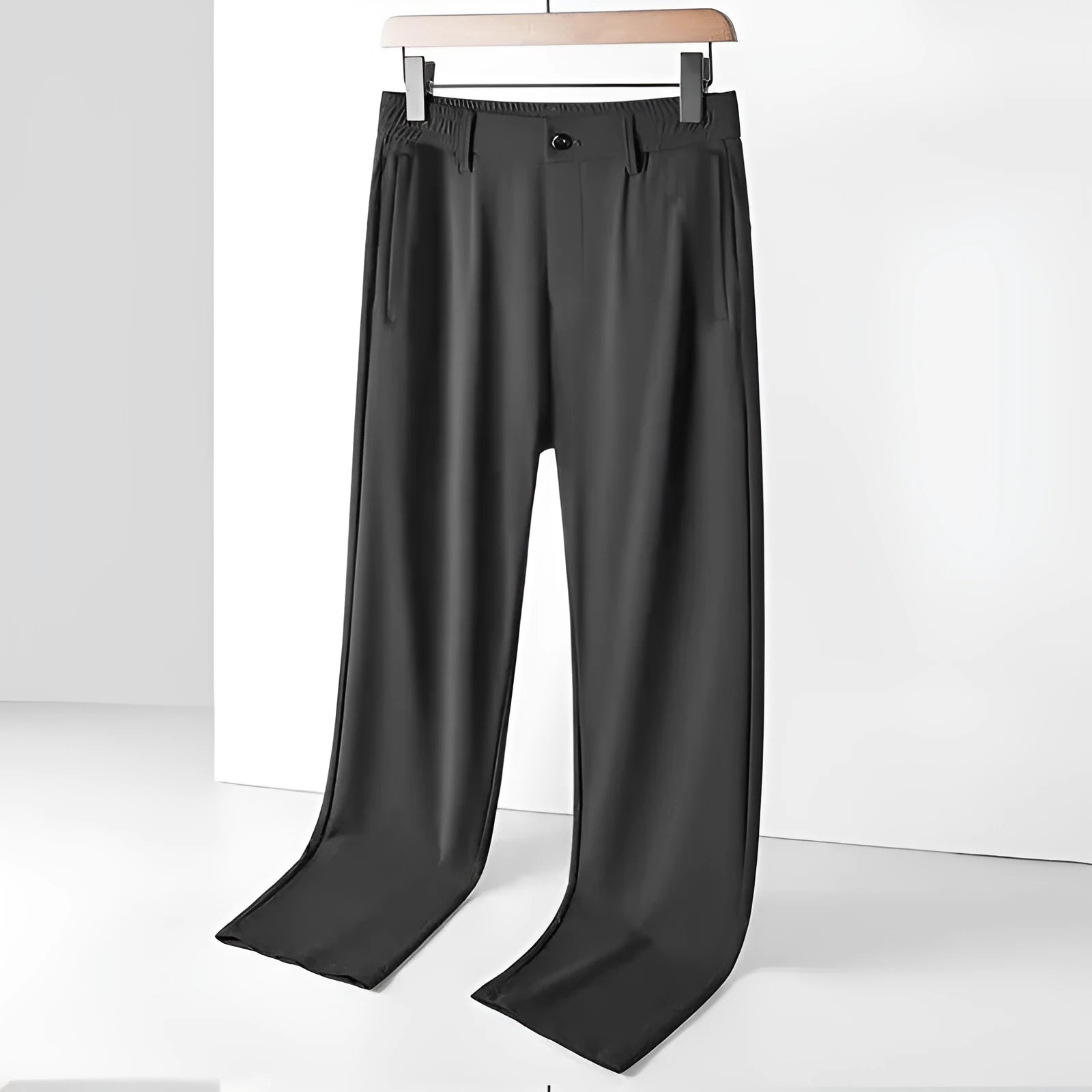 Men's straight-leg ice silk trousers in a loose fit with an elasticated open waistband.