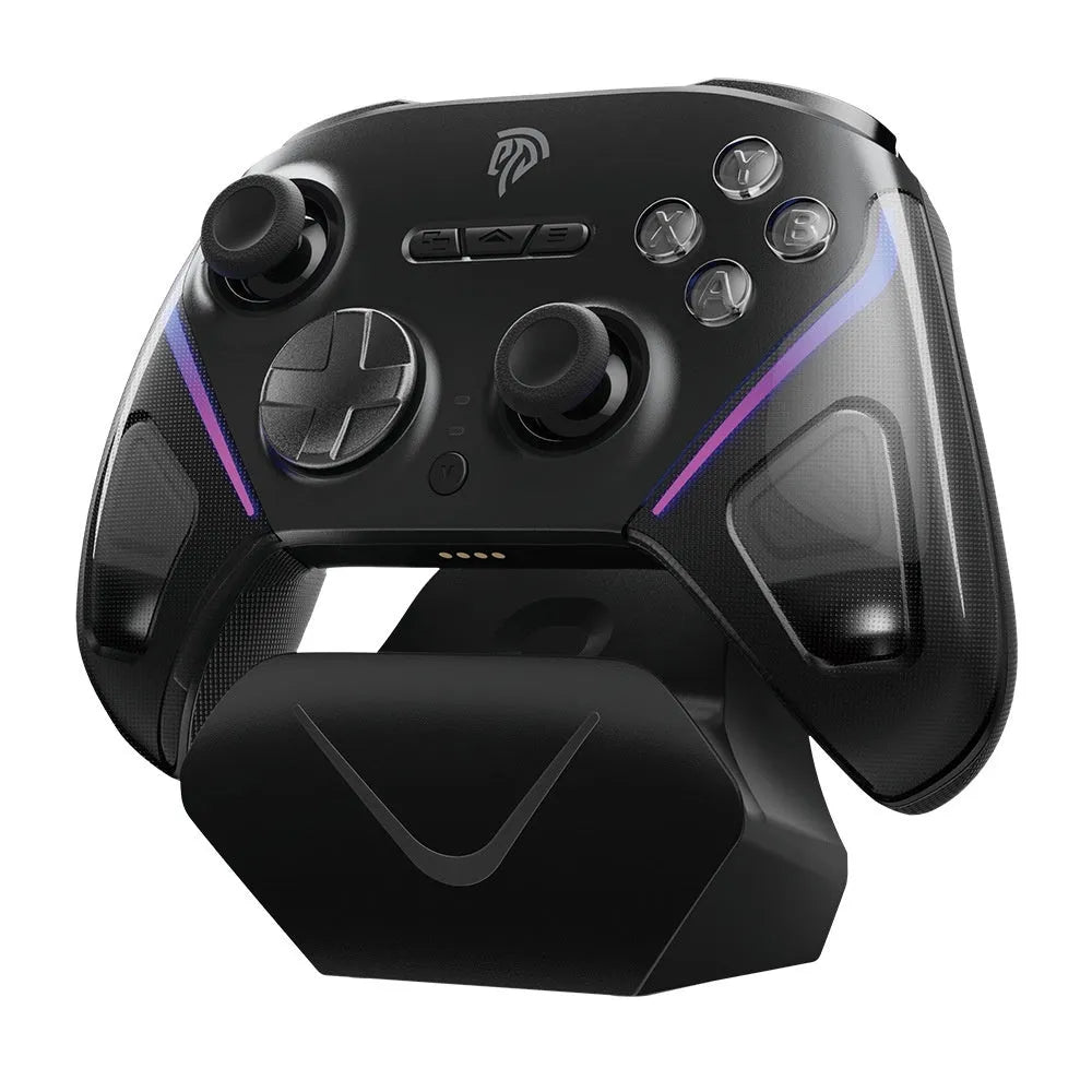 Rocker Smart gaming controller on charging base in black, green, or purple colour with Type-C port