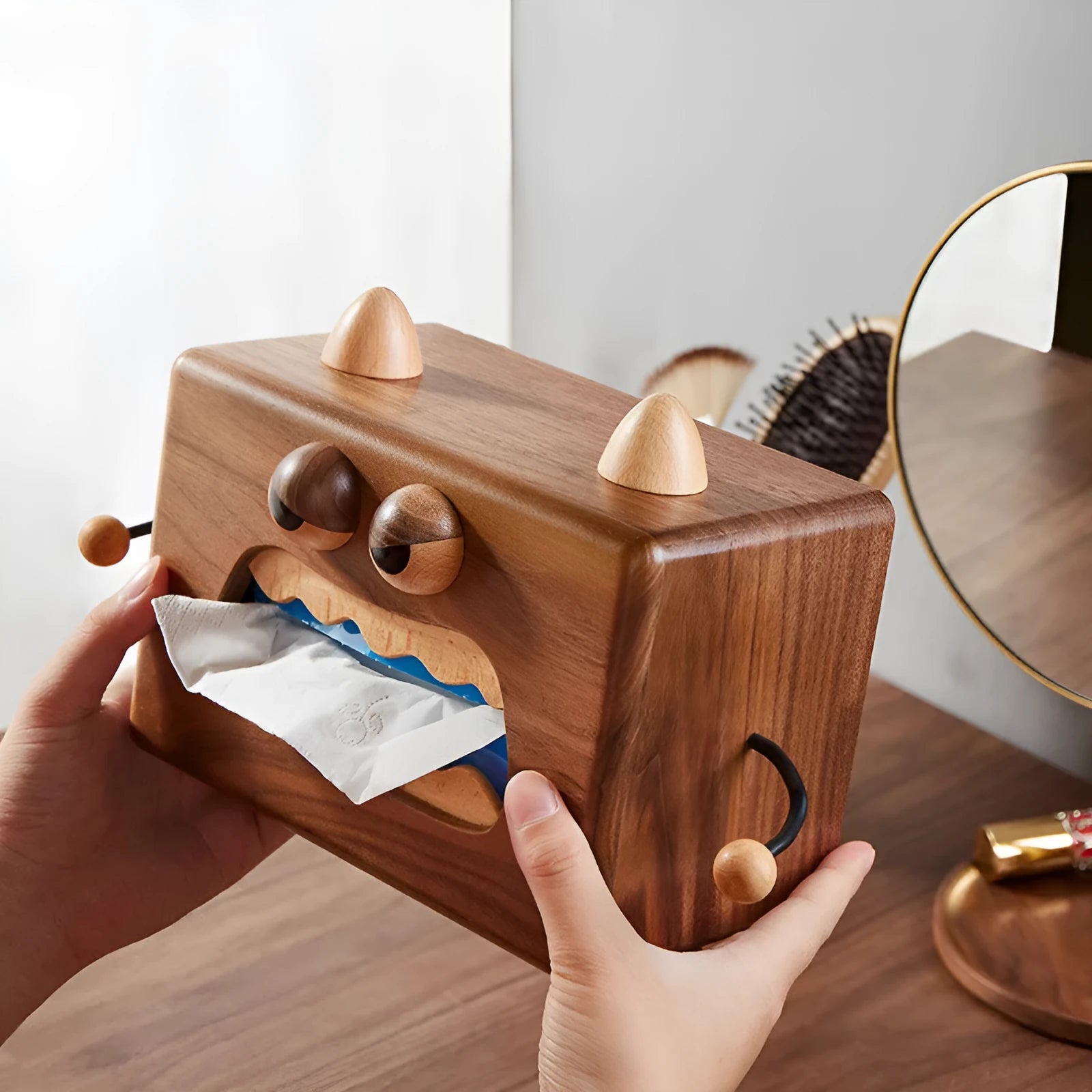 Wooden cartoon Little Monster tissue box in walnut beech colour