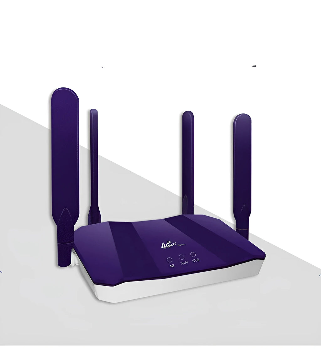 Blue 4G all network communication dual mode router with four external antennas showing front panel and dimensions