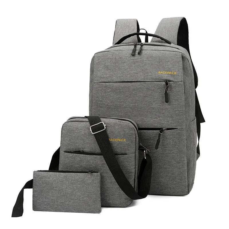 Men's USB charging computer bag three-piece set in black nylon with multiple compartments and air pillow belt