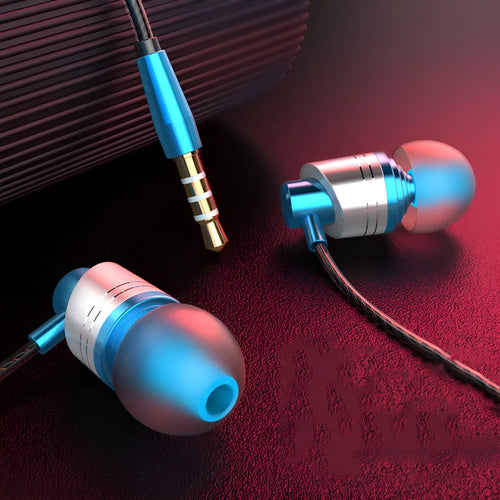Black wired in-ear headphones with a 3.5mm plug, microphone on cable, and three pairs of silicone ear tips