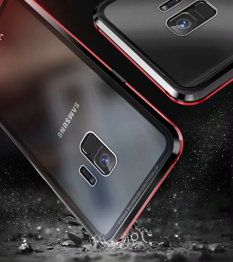 Black anti-peeping magnetic clamshell phone case for Samsung Galaxy smartphones showing closed position