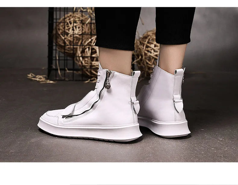 Black and white PU leather men's winter ankle boots with high-top sneakers style