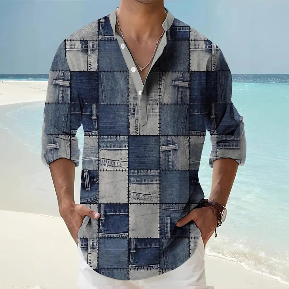 Thin striped Hawaiian long sleeve shirt in a digital bamboo linen pattern on a model.