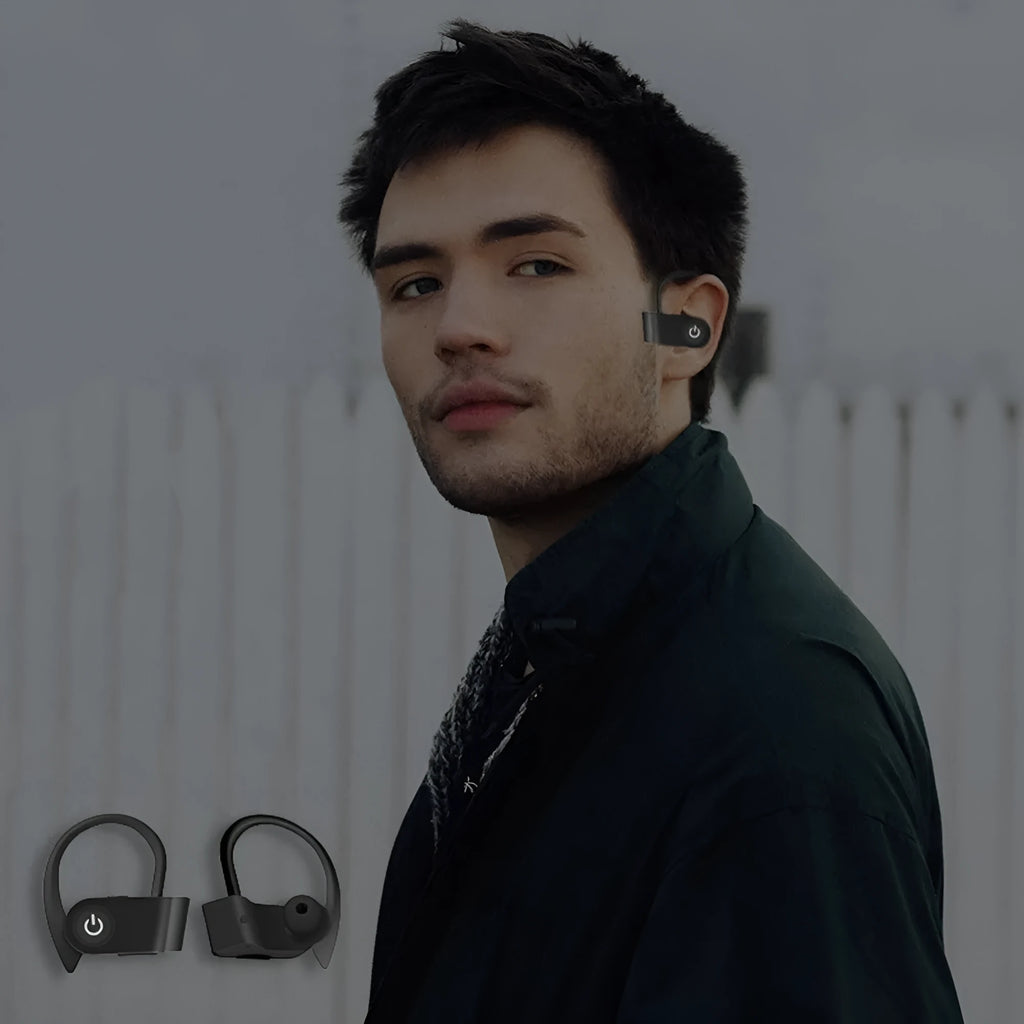 Black, grey, and red Bluetooth earphones with V5.0, showing ergonomic design and control buttons.