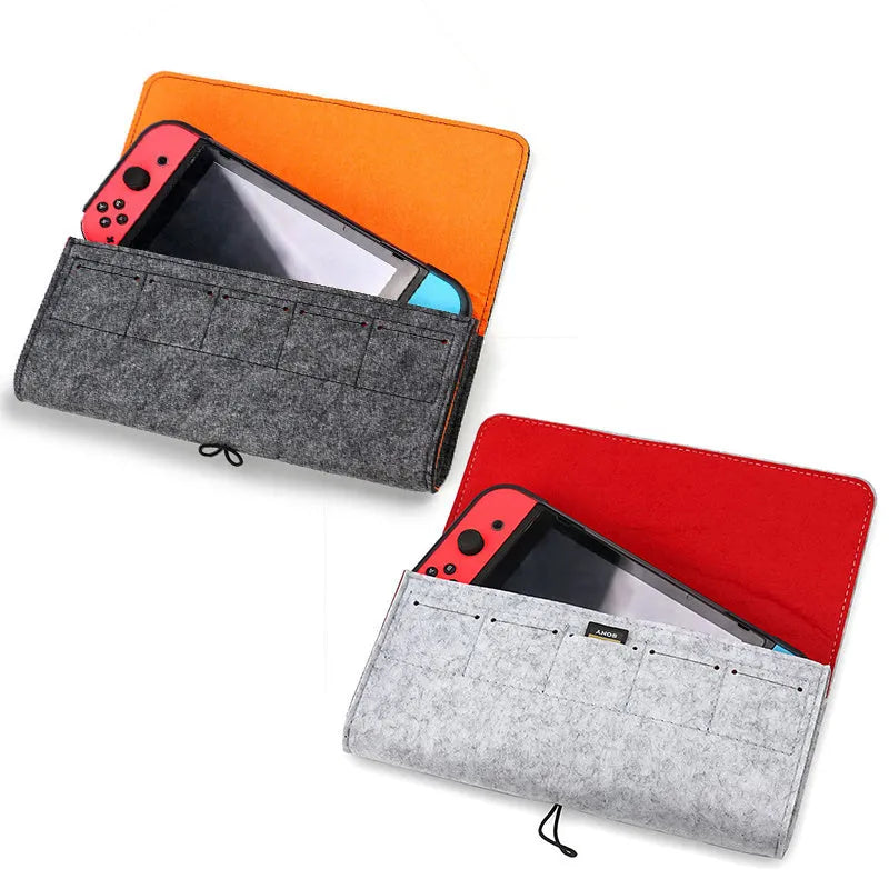 Black felt Nintendo Switch pouch case with double-layer design and game card storage slots