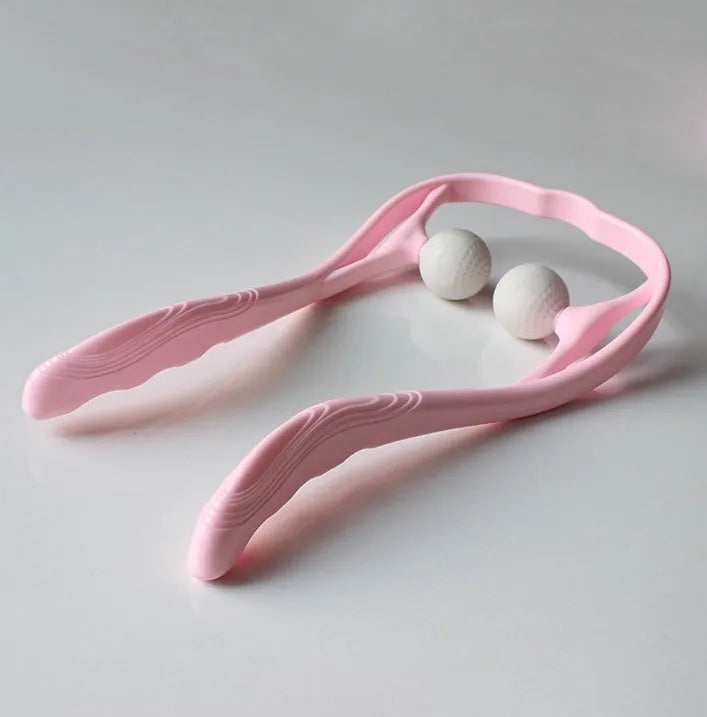 Blue handheld neck and shoulder massager with 3D floating-point heads and an adjustable plastic stand.