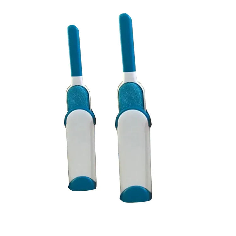 Blue reusable pet hair removal comb with a double-sided sticky brush and self-cleaning base.