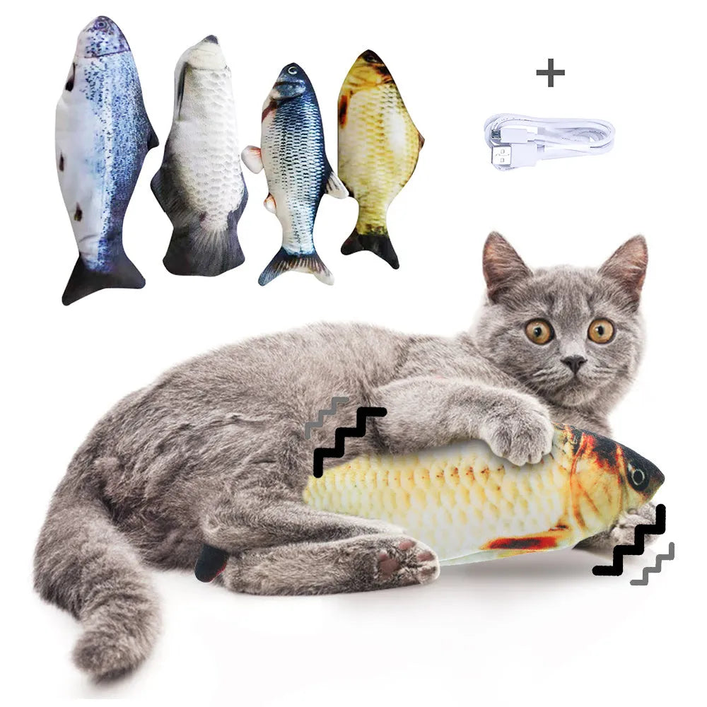 USB rechargeable electric jumping fish simulation cat toy, 30 cm long in multicolor options.