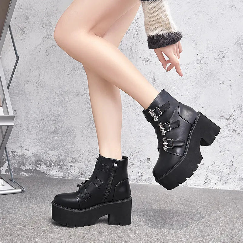 Black Harajuku punk Martin boots with bat buckle gothic detailing and side zipper