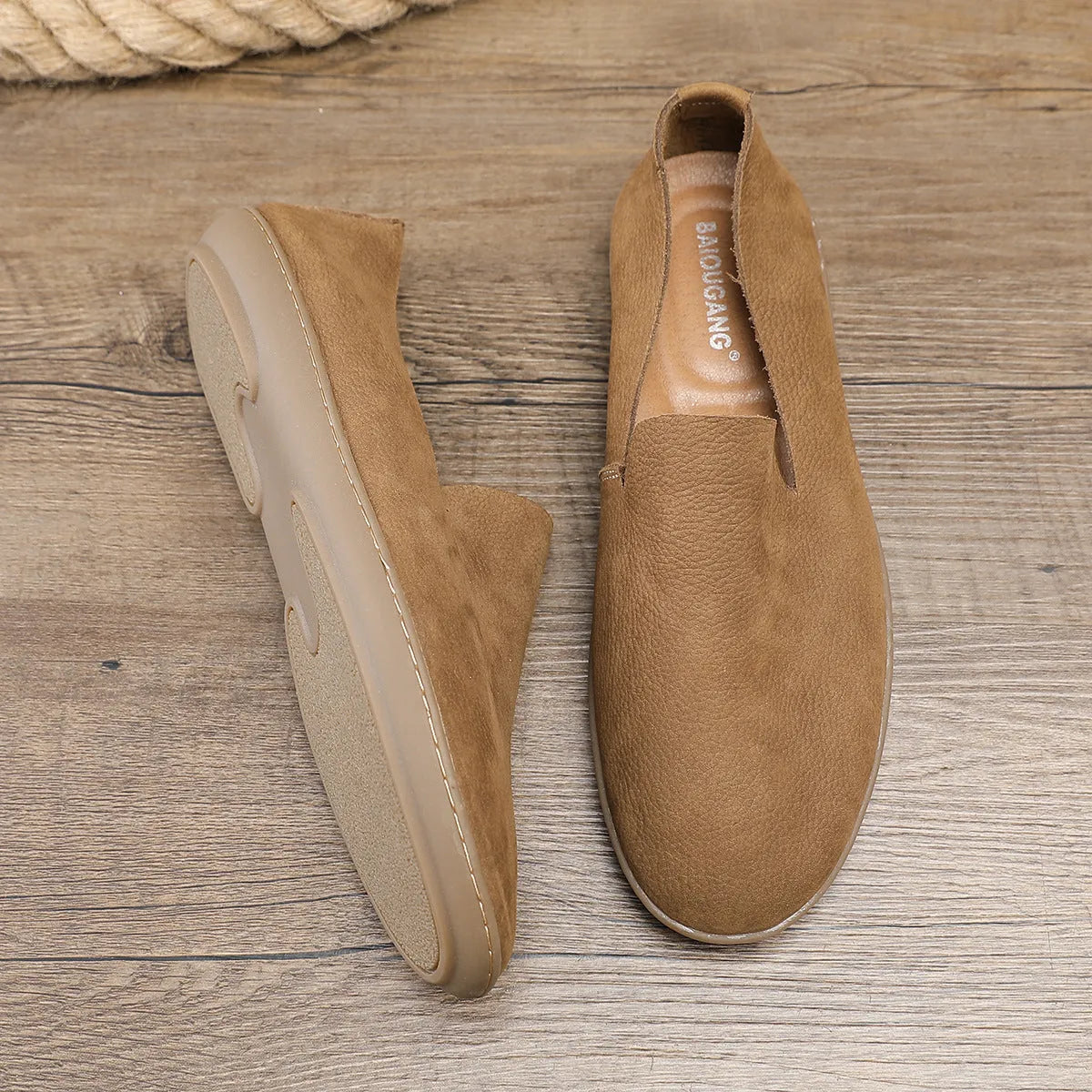 Handmade low-top men's shoes in khaki with a wedge flat heel and rubber sole.