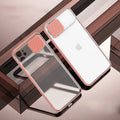 A lens sliding phone case for iPhone, shown in a choice of colours including black, green, pink, purple, and red.