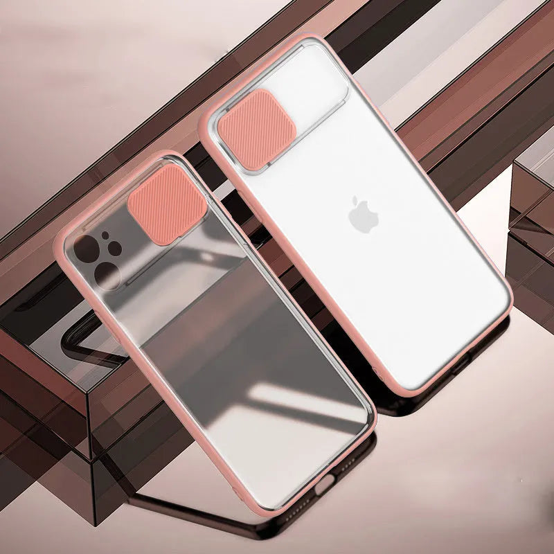 A lens sliding phone case for iPhone, shown in a choice of colours including black, green, pink, purple, and red.