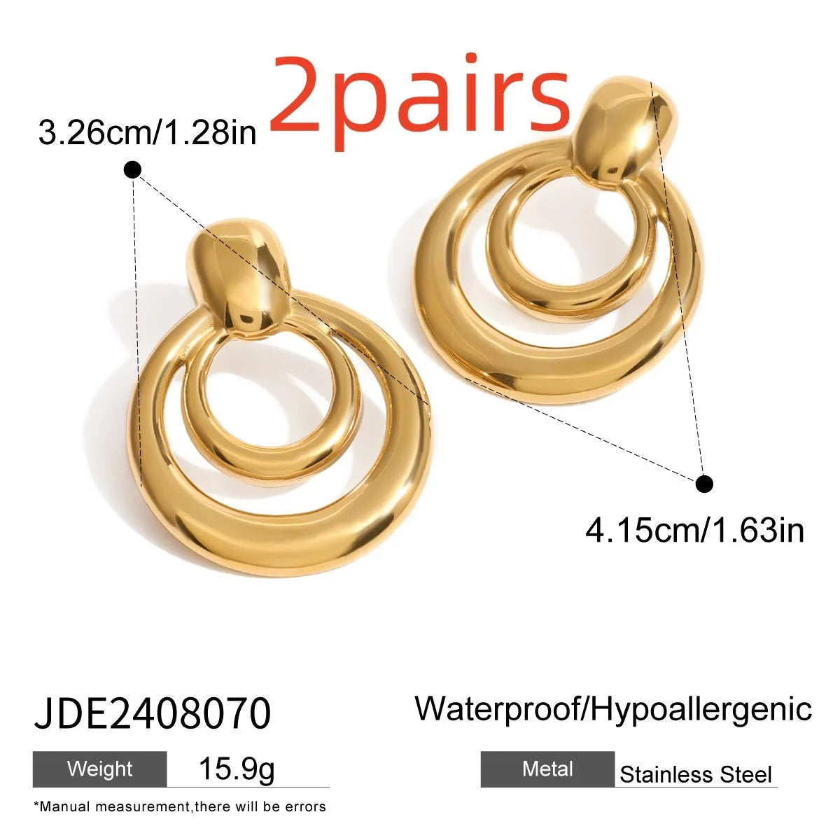 Gold geometric hollow stud earrings showing double layer round design with butterfly clutch backs