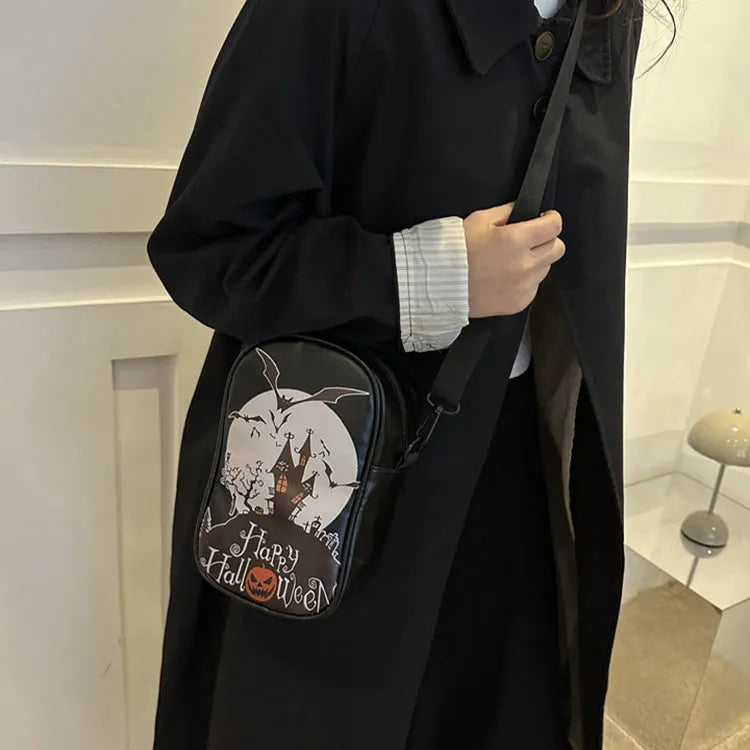 Halloween graffiti print mini crossbody bag with pumpkin ghost bat design in PU material