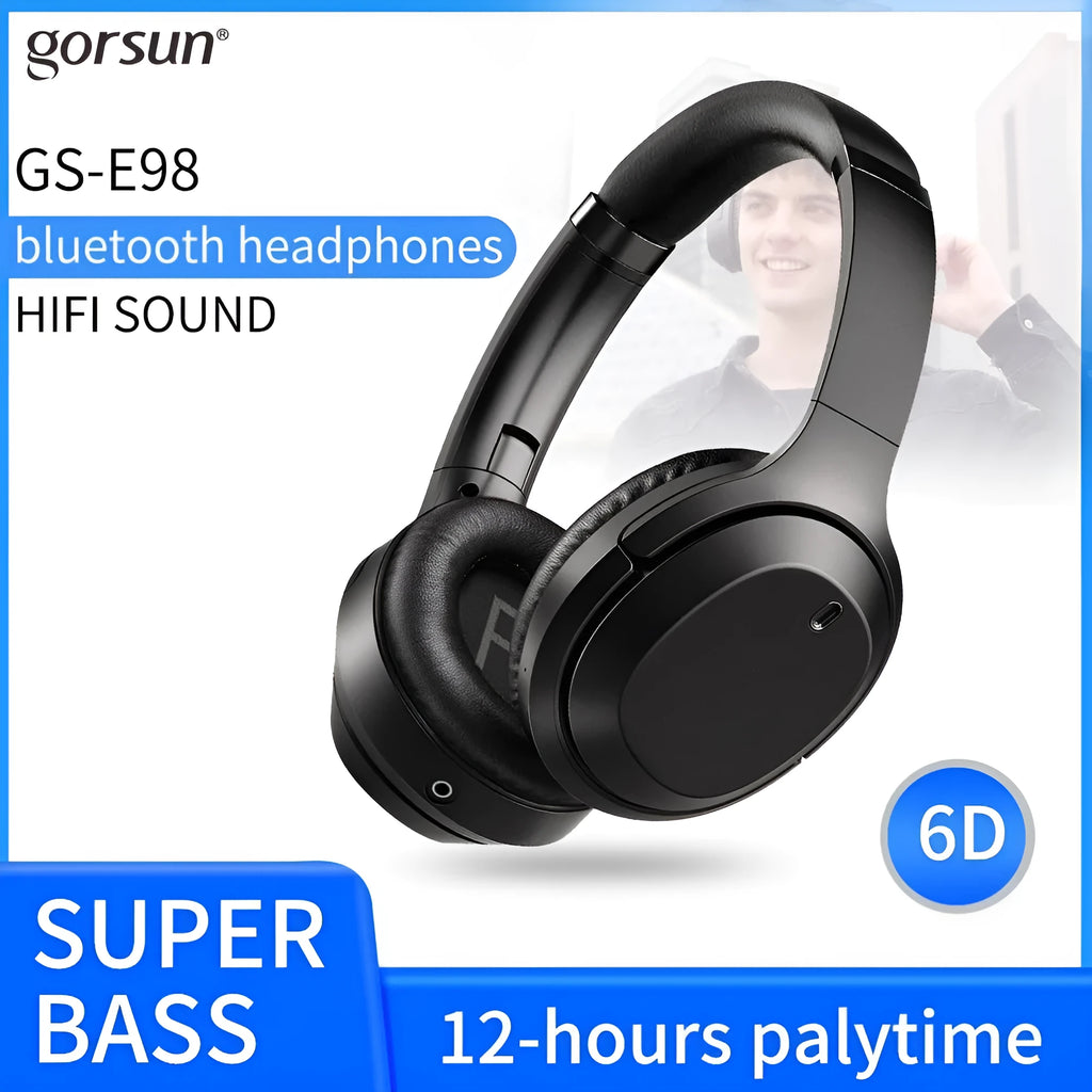 Black Gorsun E98 over-ear Bluetooth headphones with memory-protein ear cushions and adjustable headband