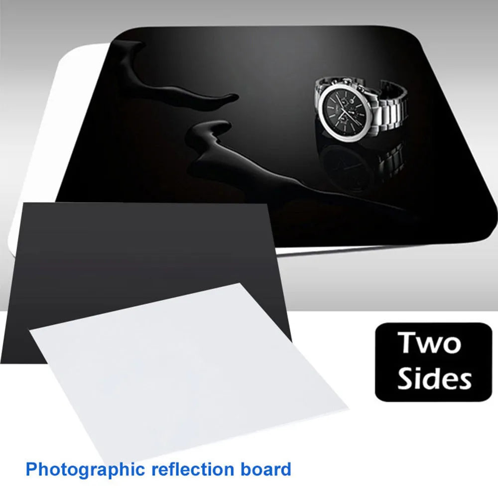 Black and white square acrylic reflection boards for product photography in three sizes.