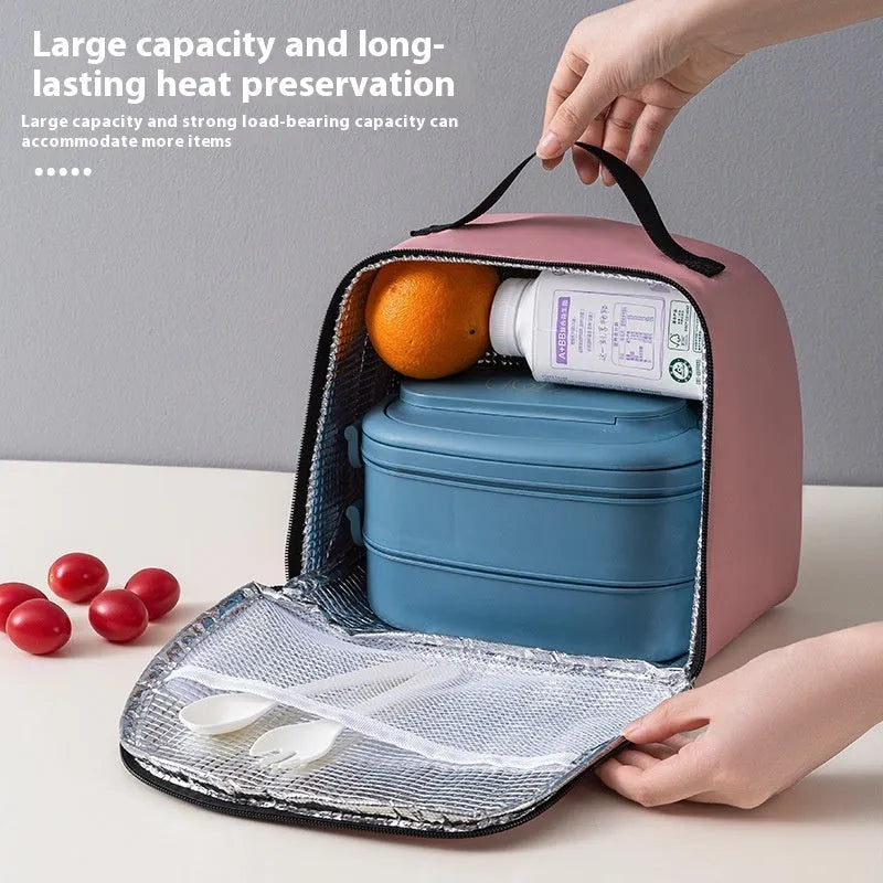 Insulated lunch box bag in textured cloth material with large capacity and heat retention function