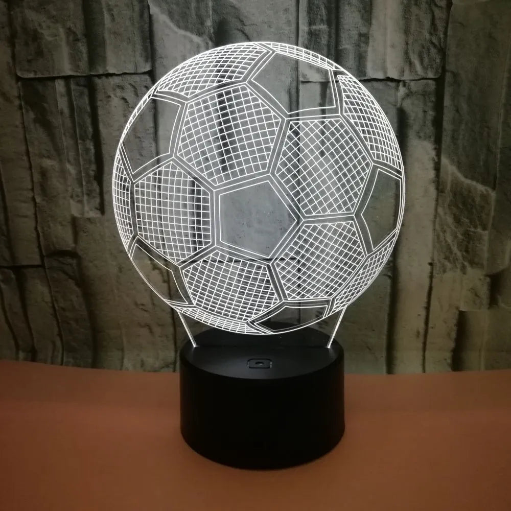 3D acrylic football night light showing colour-changing LEDs on a black ABS base.