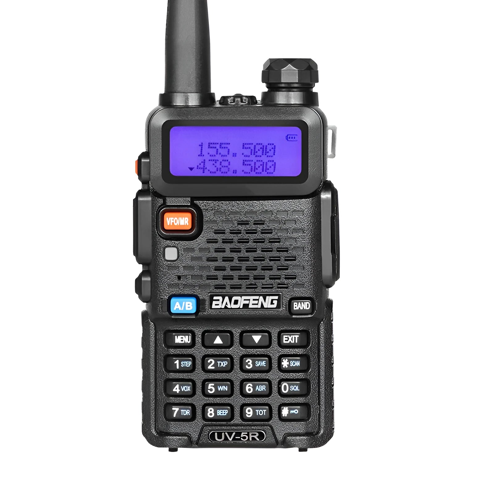 Handheld dual-band VHF/UHF walkie talkie with antenna showing compact dimensions