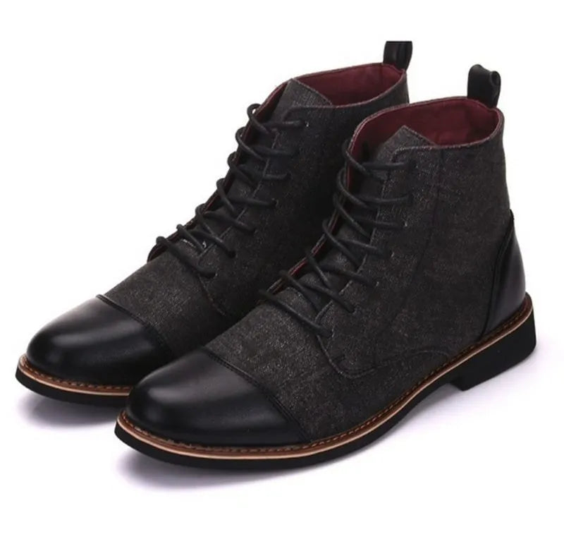 Men's leather boots with belt buckle details and rubber soles in European styling