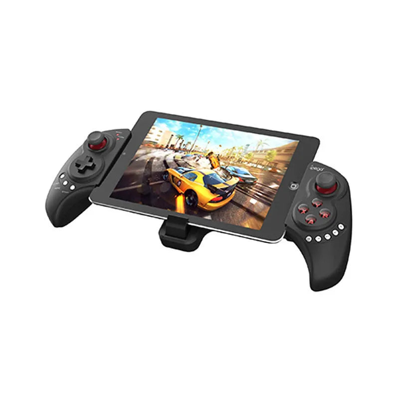 Wireless telescopic gamepad controller extended with mobile phone showing directional pad and buttons