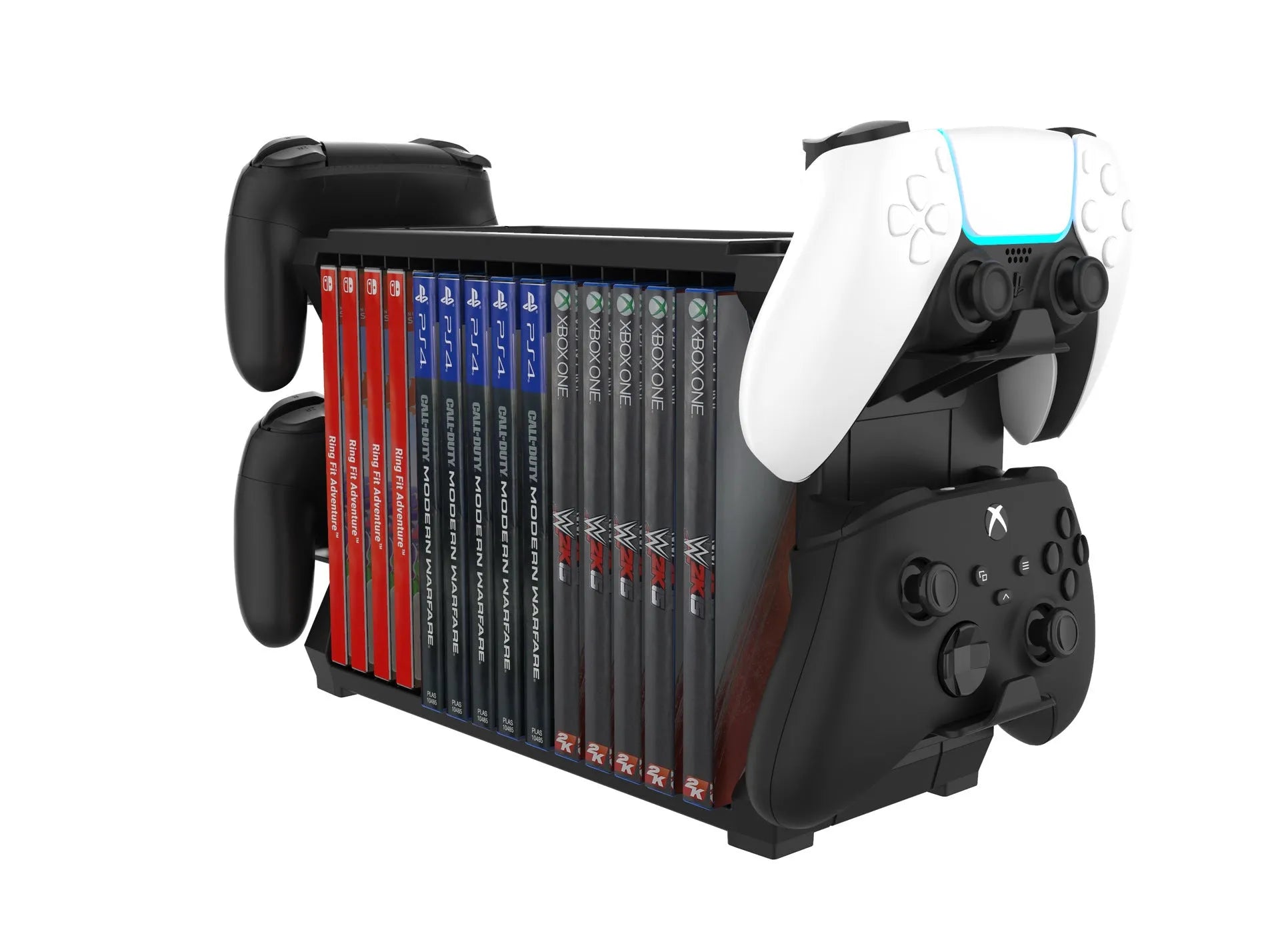 Black PS5 and Xbox Series X disc holder with controller stand storing game cases
