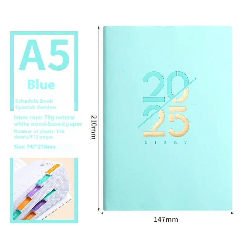 A5 daily planner with soft faux leather cover showing multiple colour options including pink yellow purple blue green