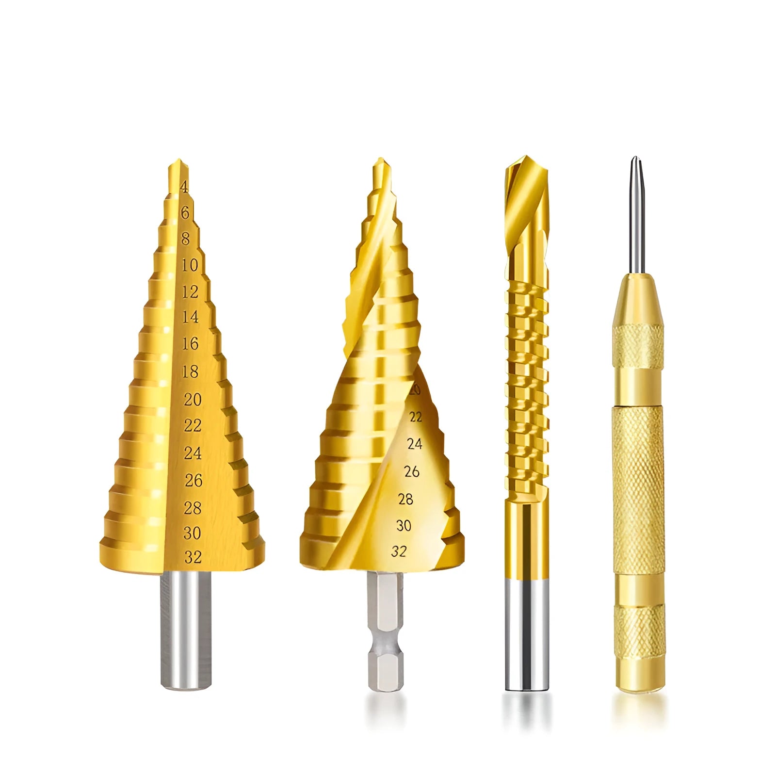 High-speed steel cone drill bit punch set with step bits and centre punch for metal drilling