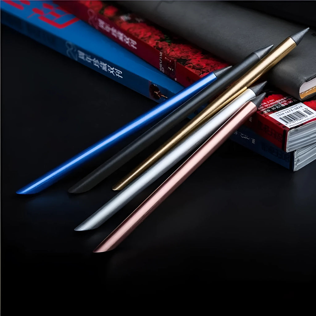 Silver inkless metal pen with spare nib and pen bag on a table.
