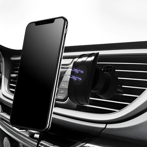 Glossy black car phone holder with air vent clip mount and adjustable smartphone cradle