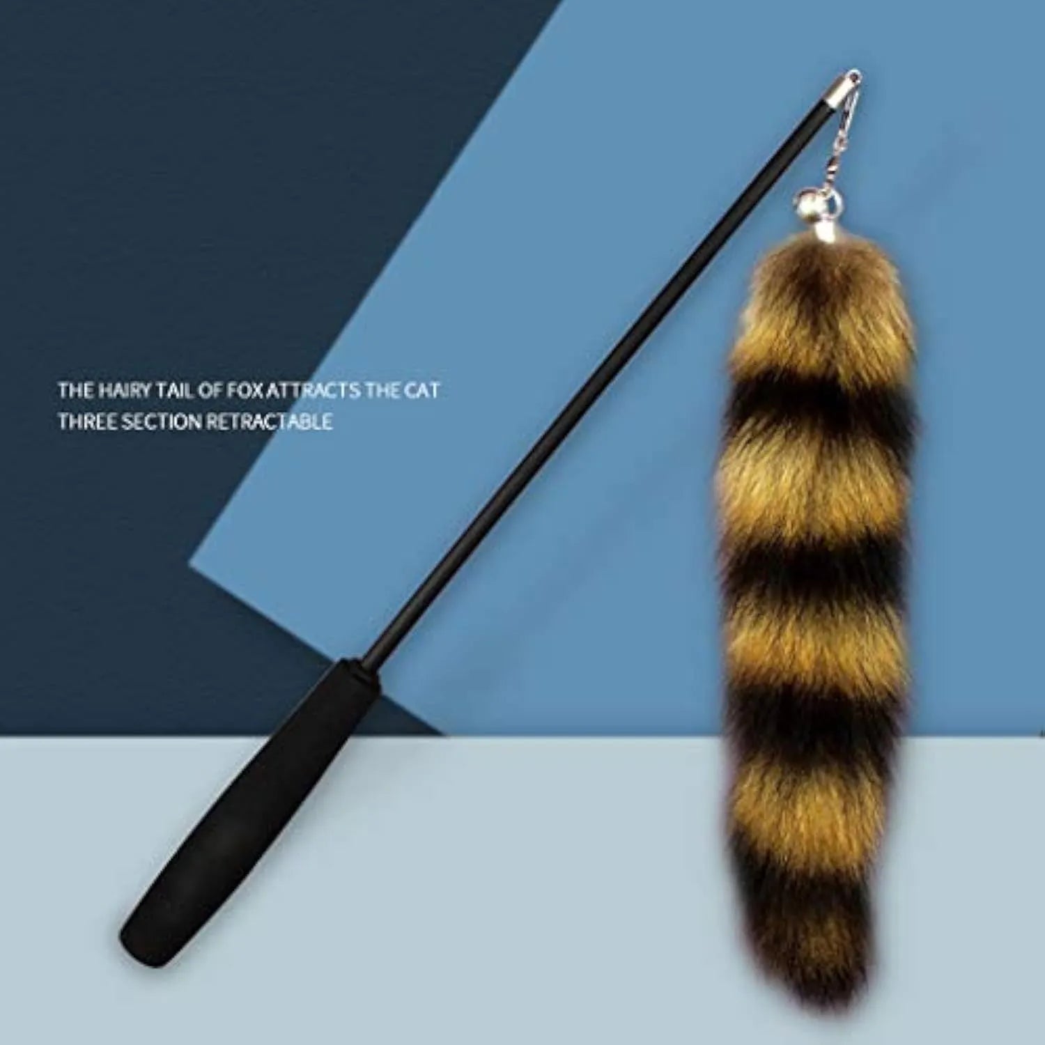 Black cat toy wand with elastic string, measuring 42cm long.