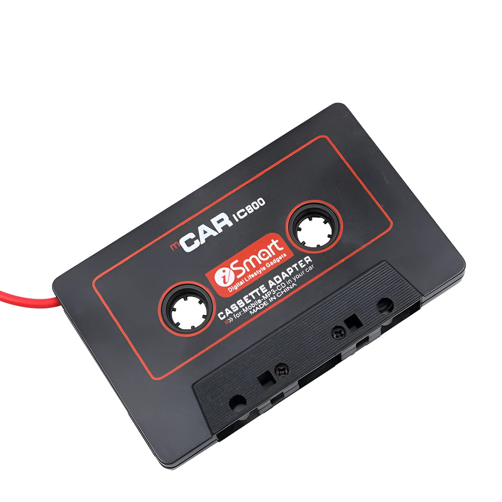 Black car cassette adapter with 3.5mm audio jack for connecting MP3 players to older vehicle tape decks