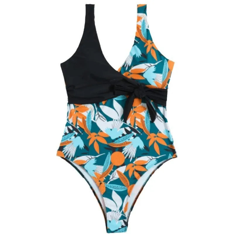 Women's high-waist one-piece swimsuit with printed pattern in quick-drying polyester fabric