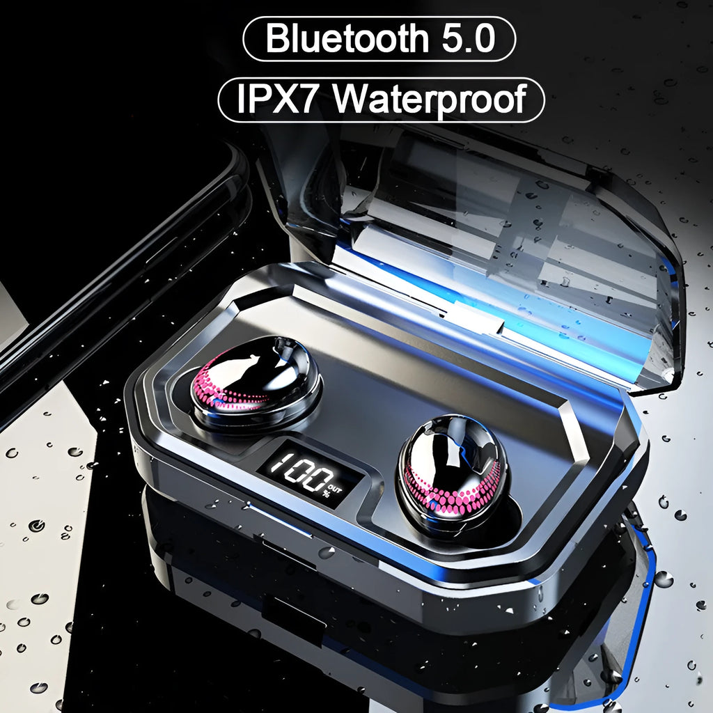 Black X10 Bluetooth wireless headset with its charging case on a white background