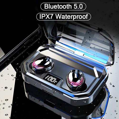Black X10 Bluetooth wireless headset with its charging case on a white background