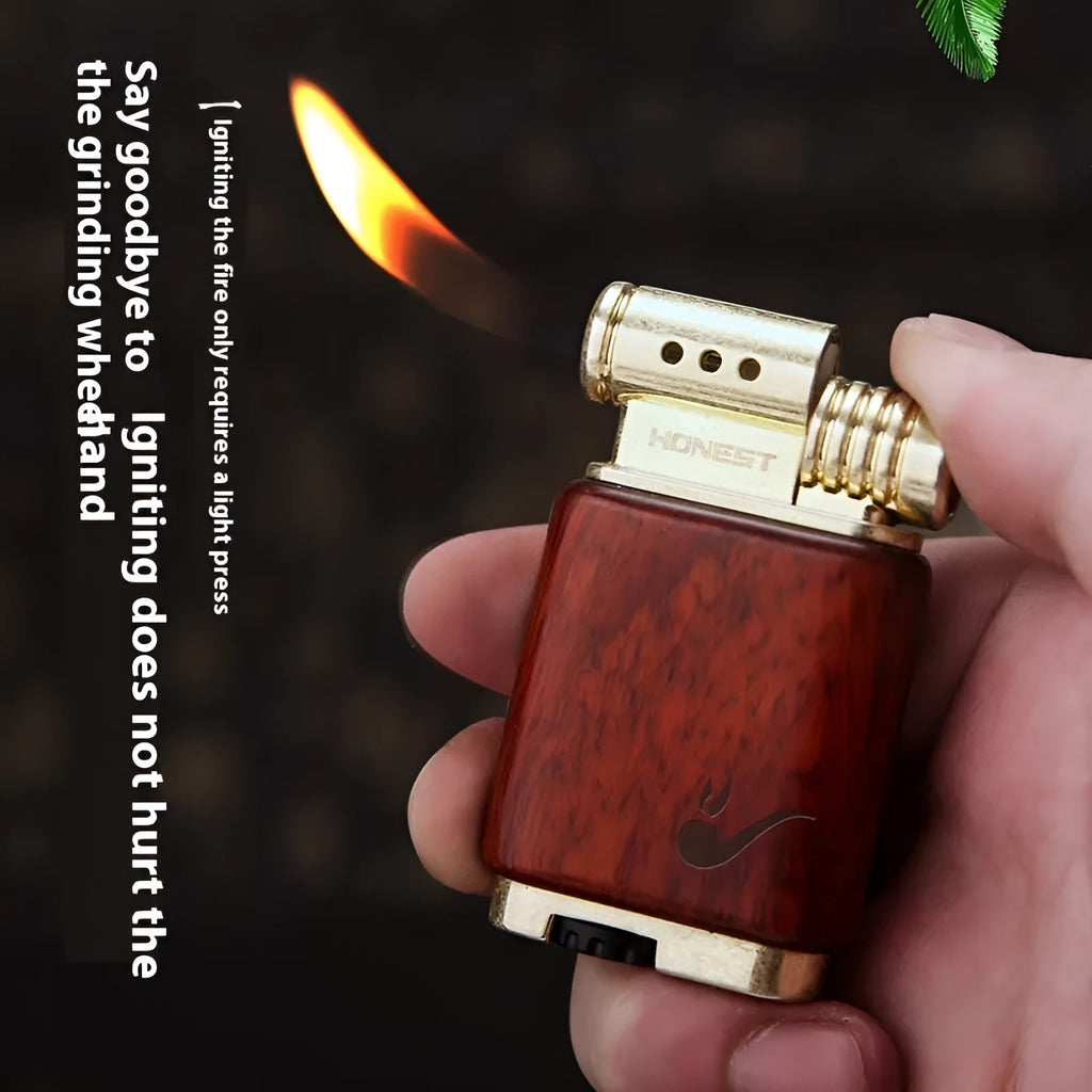 Black wood ebony gas lighter with rosewood sun face decorative panel