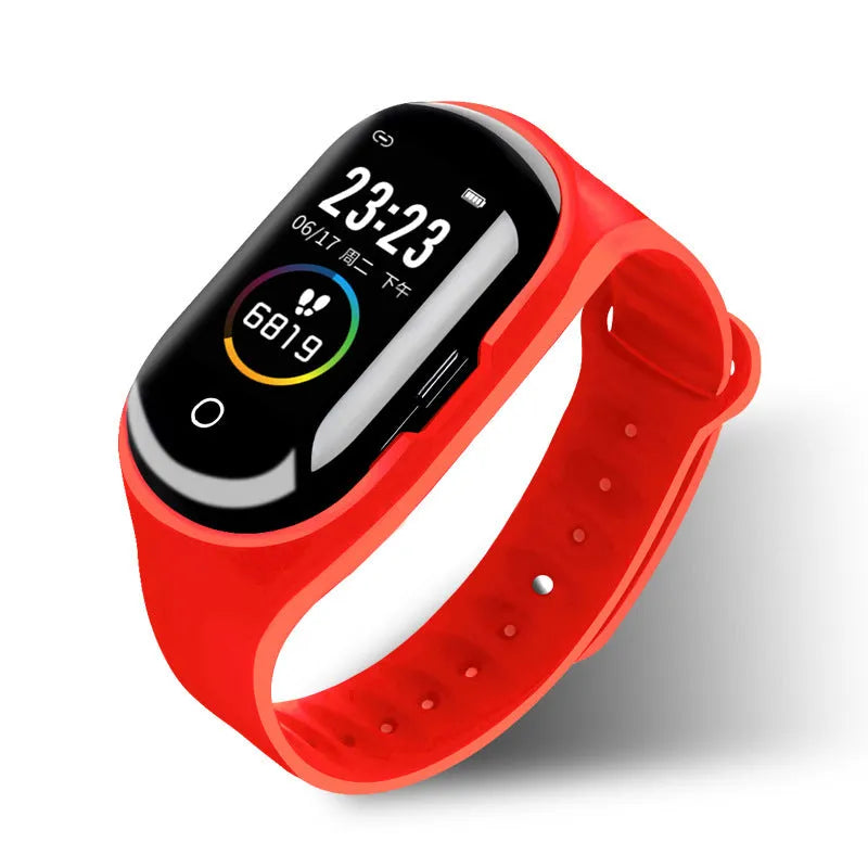 Smart bracelet with integrated wireless earphone in silicone wristband showing display screen and available in black, blue, or red colours